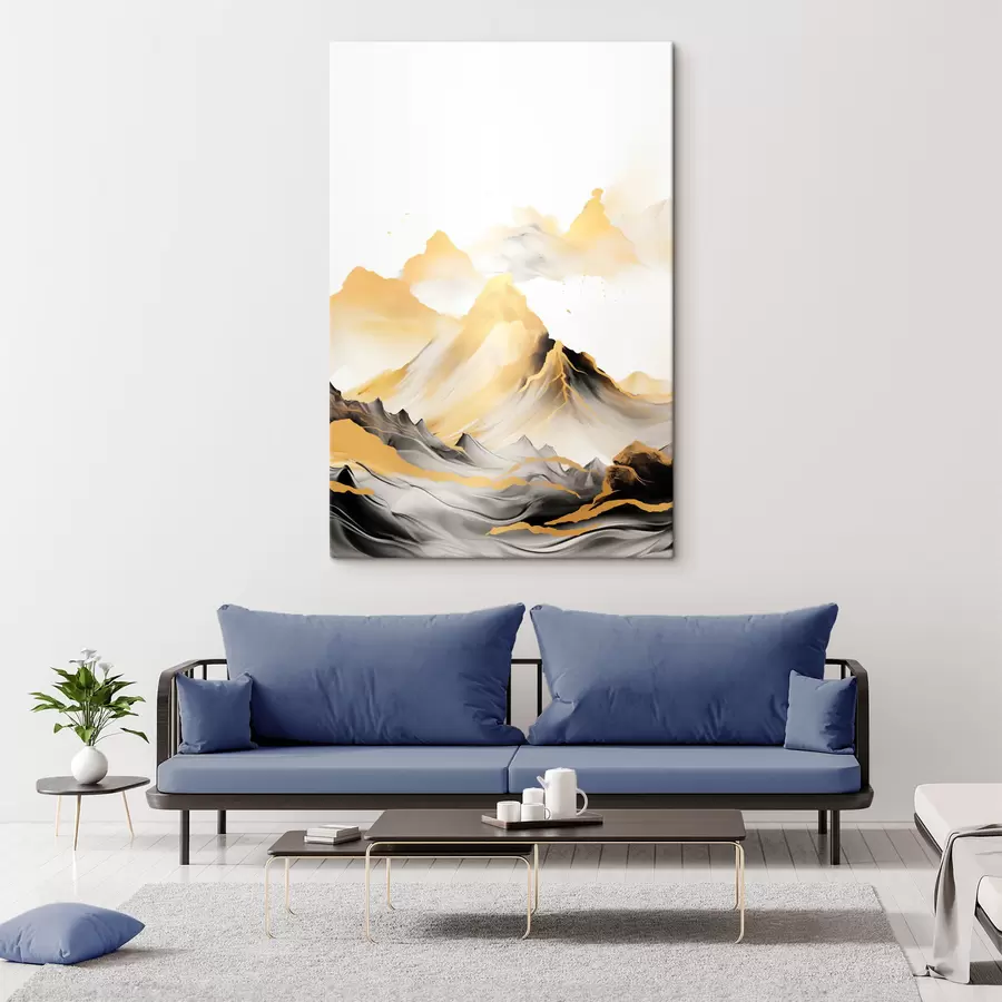 Obraz Texturované žluté a černé hory se zasněženými vrcholy, styl malby tuší, minimalistické pohoří Č. s46684