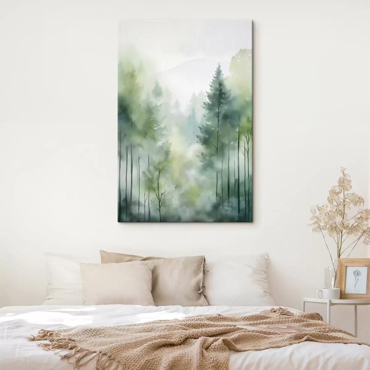 Obraz Akvarelová malba napodobující zamlžený les s vysokými borovicemi a horami v pozadí Č. s46690