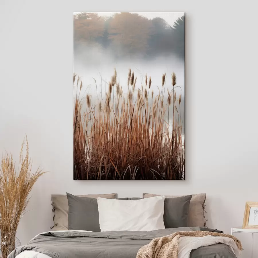 Obraz Vysoké rákosí rostoucí ve vodní ploše, voda odráží rákosí, mlhavé pozadí, měkké světlo, přírodní scéna Č. s46696