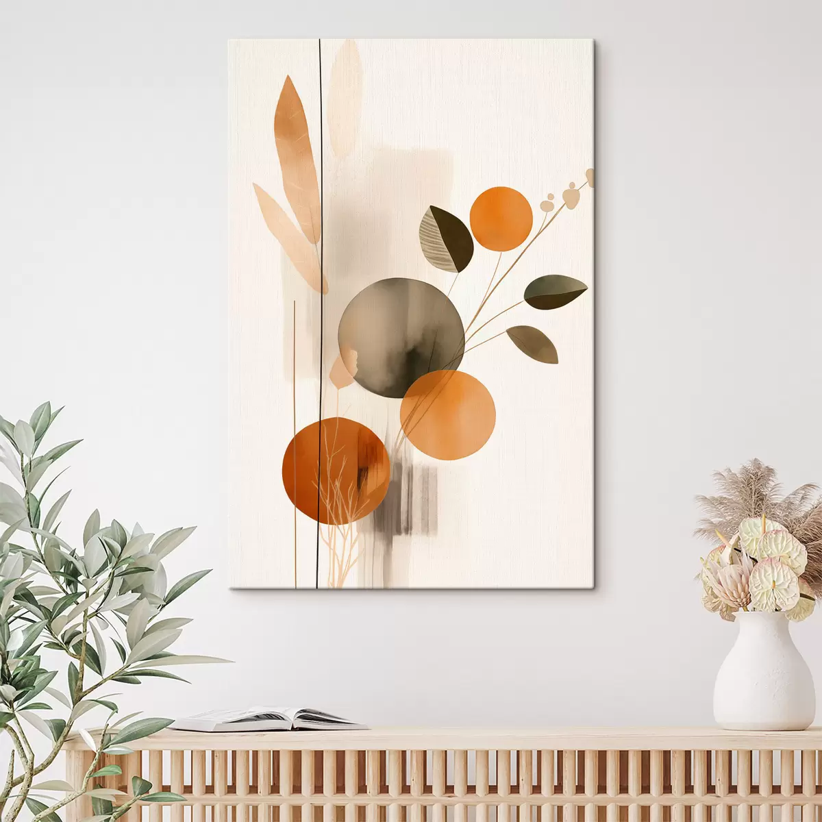 Obraz Abstraktní malba s oranžovými a šedými kruhy, listy a větvemi, moderní styl, akvarelový efekt Č. s46697