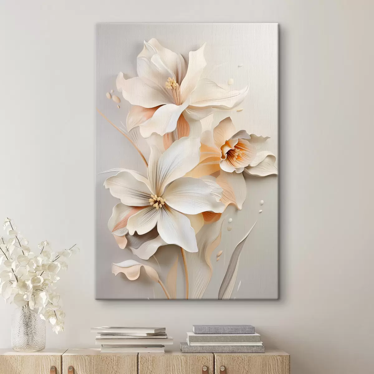 Obraz Bílé květy, okvětní lístky s jemnými stíny, světle béžové pozadí, elegantní kompozice, minimalistický styl Č. s46699