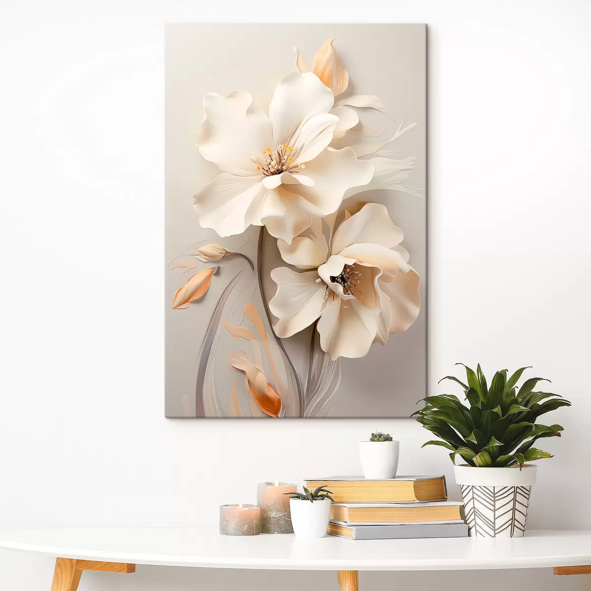 Obraz Bílé květy, okvětní lístky s jemnými stíny, světle béžové pozadí, elegantní kompozice, minimalistický styl Č. s46700