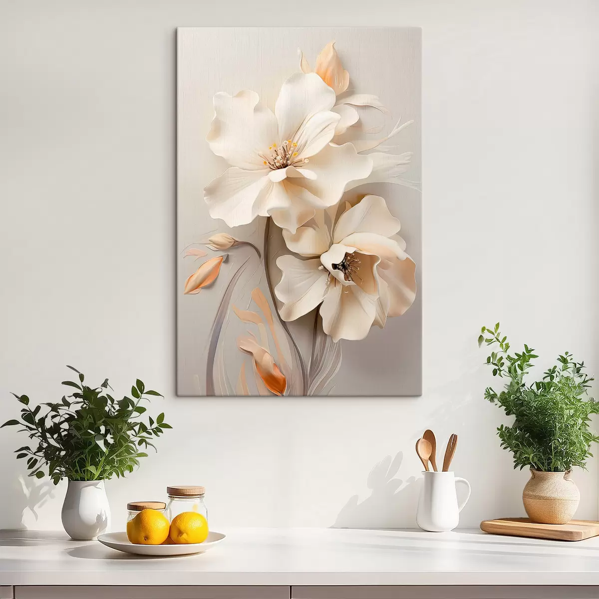 Obraz Bílé květy, okvětní lístky s jemnými stíny, světle béžové pozadí, elegantní kompozice, minimalistický styl Č. s46700