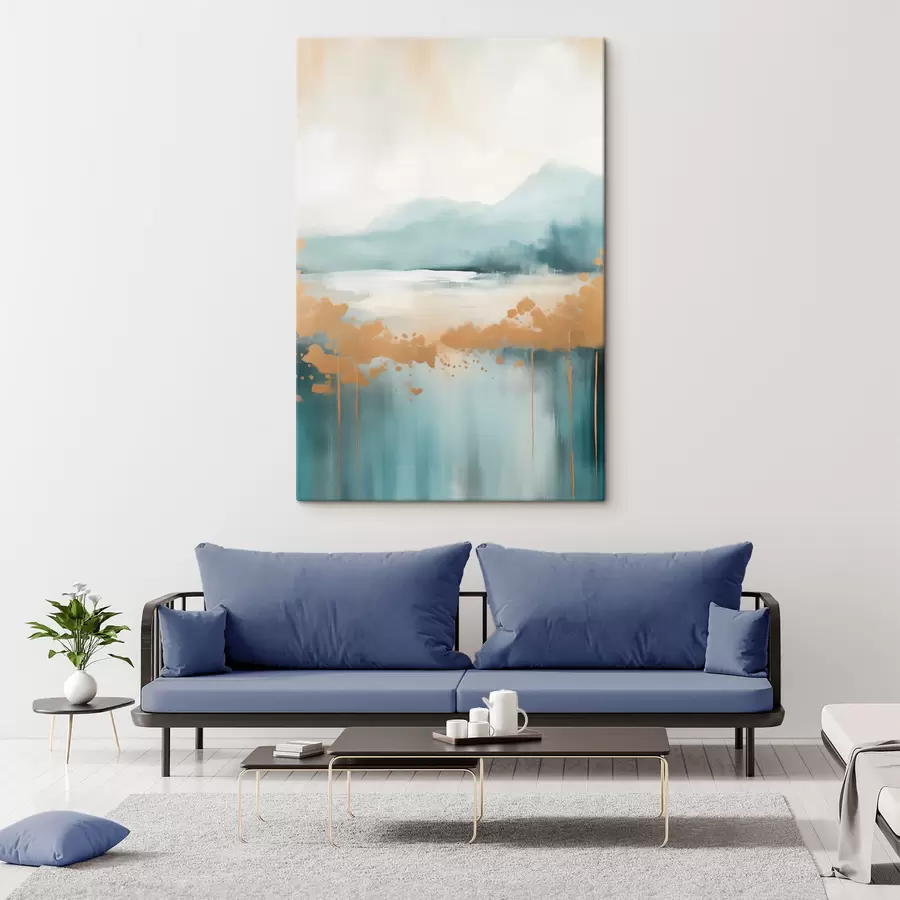 Obraz Abstraktní krajina s horami a jezerem v modrozelené a žluté barvě s texturou, jemné tahy štětcem, minimalistické umělecké dílo Č. s46703