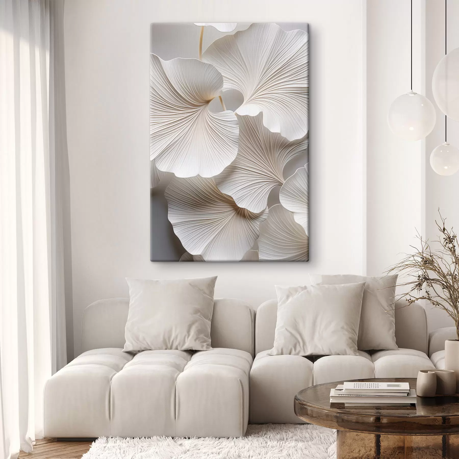 Obraz Bílé listy ginkgo biloba s detailními žilkami, jemným osvětlením, texturovaným elegantním a minimalistickým designem Č. s46705