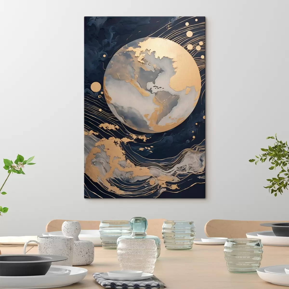 Obraz Texturovaná dekorativní planeta se žlutými čarami v pozadí, žlutými tečkami v pozadí, tmavým pozadím Č. s46708