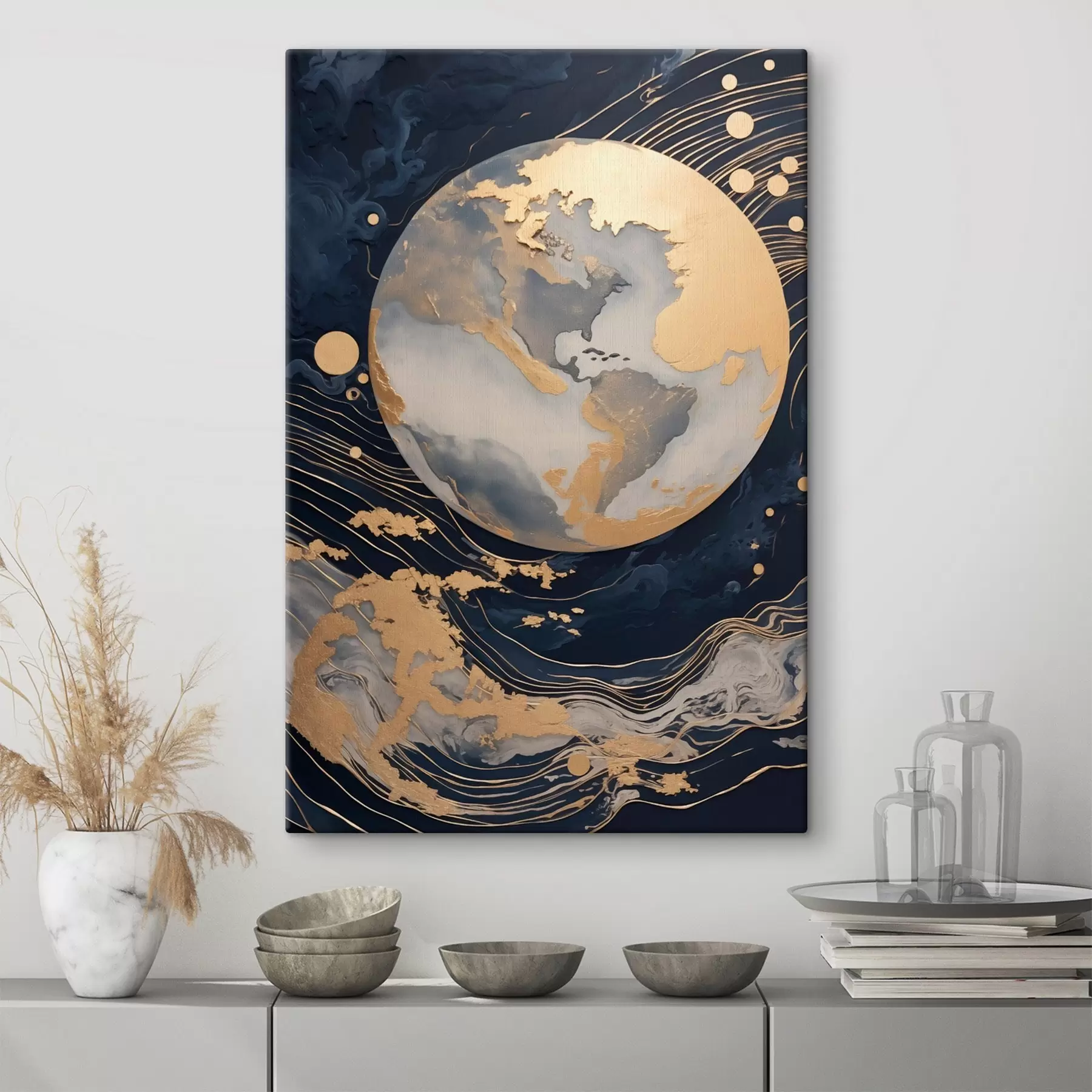 Obraz Texturovaná dekorativní planeta se žlutými čarami v pozadí, žlutými tečkami v pozadí, tmavým pozadím Č. s46708