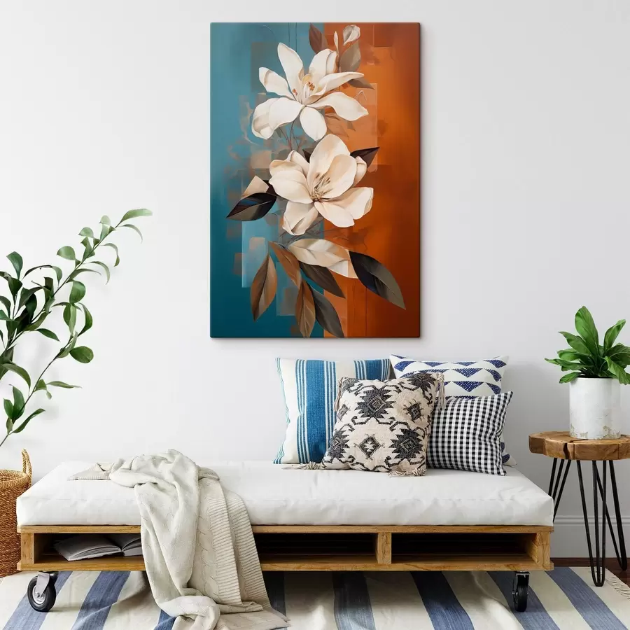 Obraz Abstraktní bílé květy a listy na hnědém a modrém pozadí s abstraktními tvary, v minimalistickém stylu Č. s46710