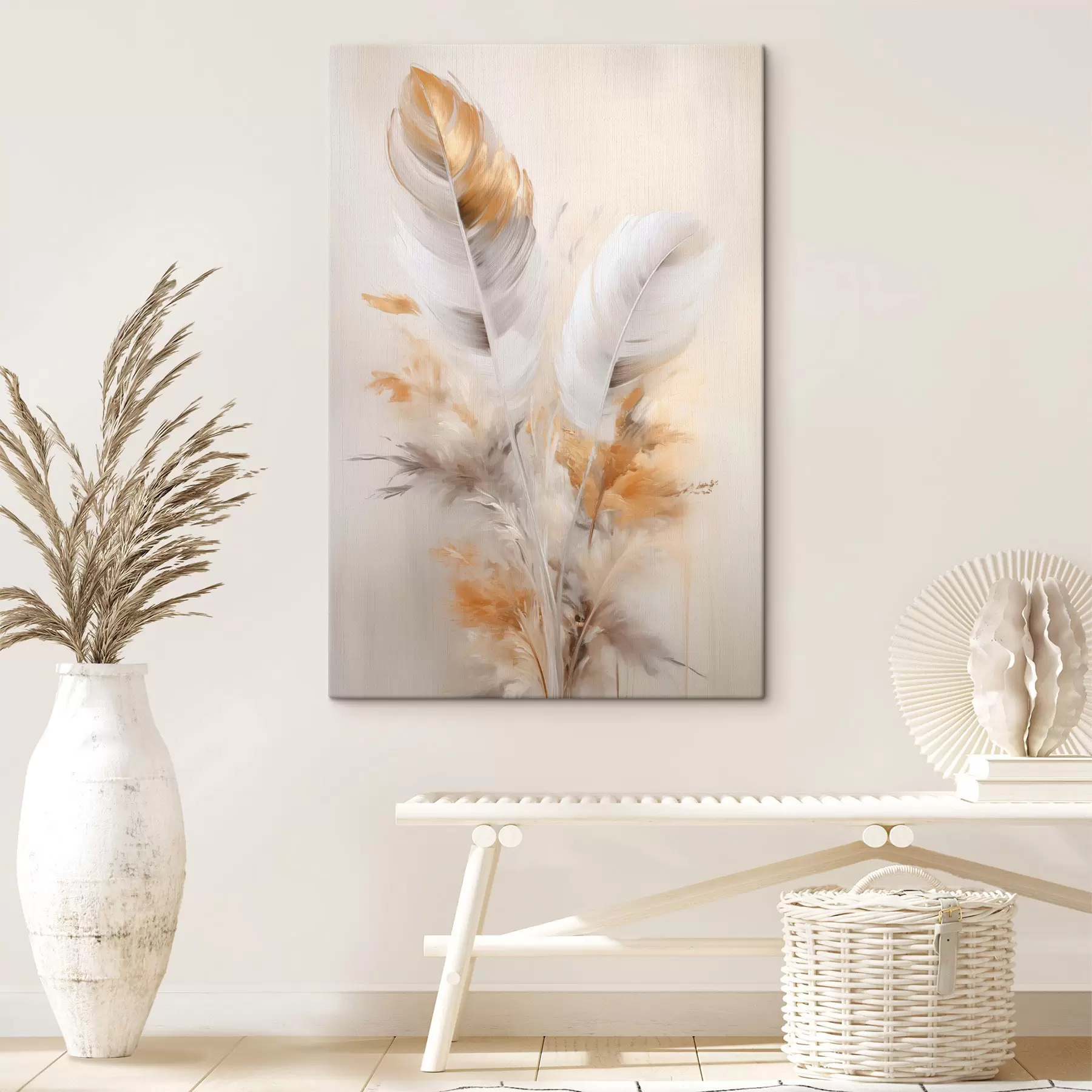 Obraz Abstraktní peří, obklopené béžovými a hnědými chmýřími, měkké a jemné, na světle béžovém pozadí Č. s46711