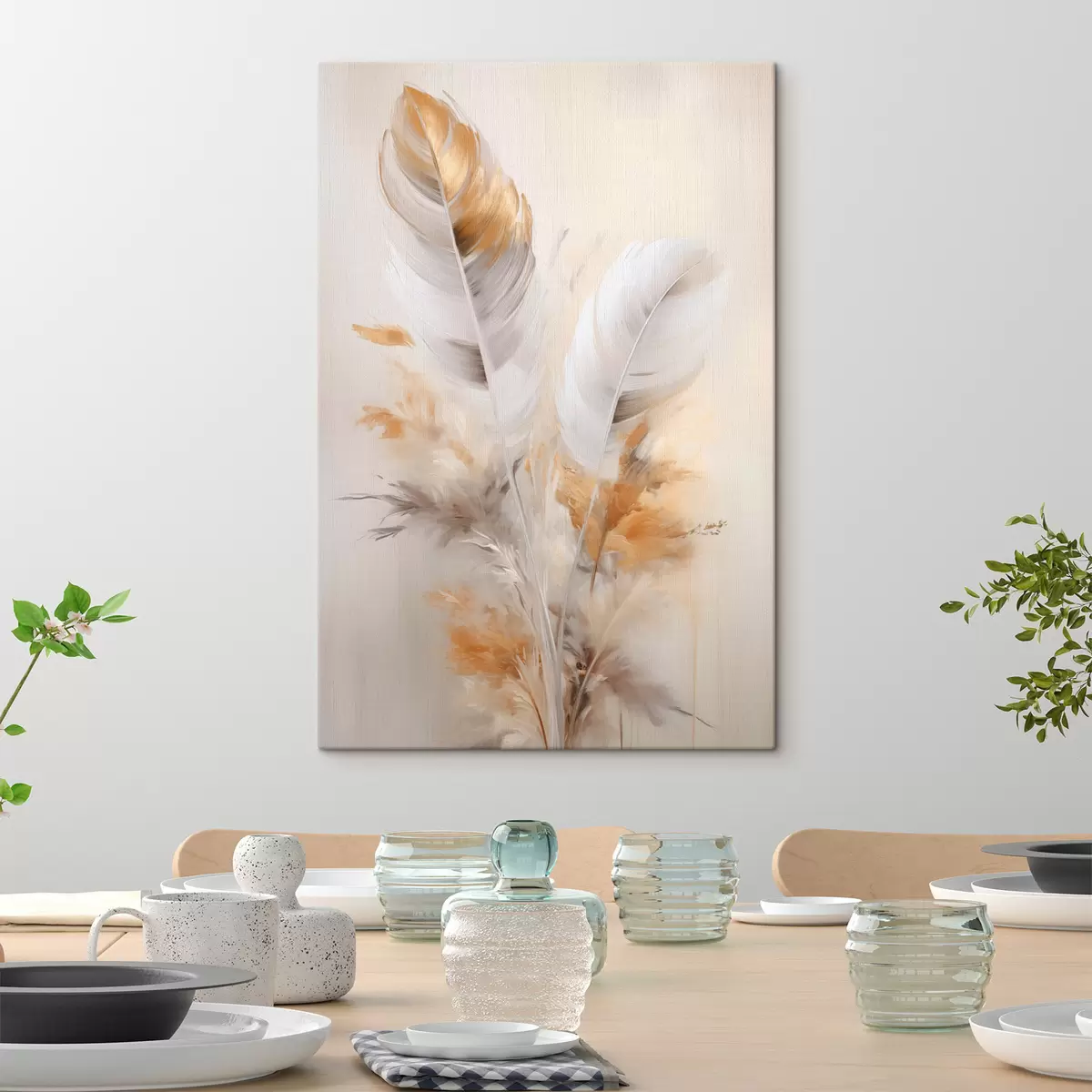 Obraz Abstraktní peří, obklopené béžovými a hnědými chmýřími, měkké a jemné, na světle béžovém pozadí Č. s46711