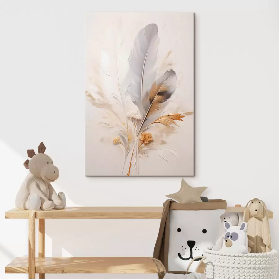 Obraz Abstraktní peří, obklopené béžovými a hnědými chmýřími, měkké a jemné, na světle béžovém pozadí Č. s46712