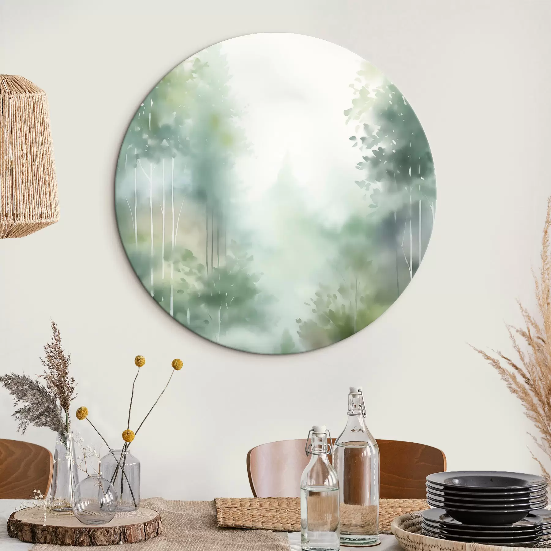 Obraz Akvarelová malba imitující abstraktní les s vysokými stromy a zeleným listovím, jemné tlumené barvy Č. r46689