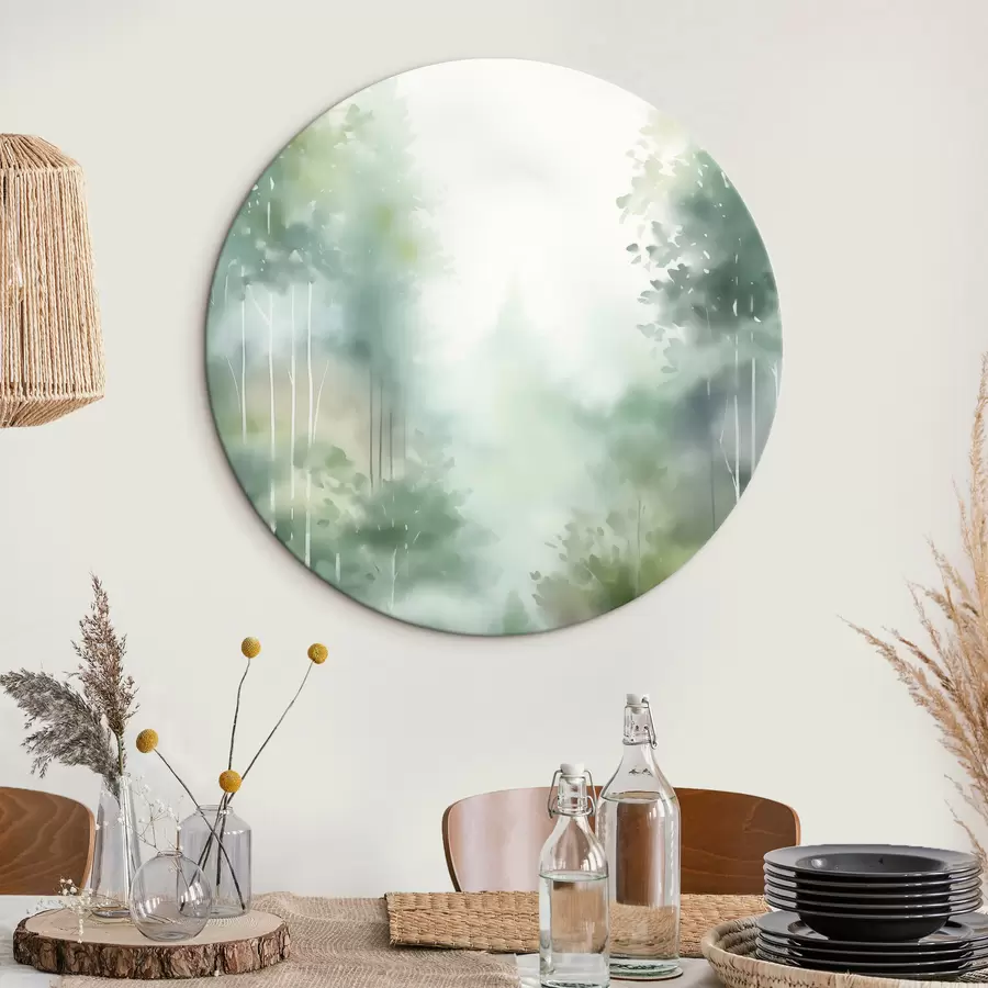 Obraz Akvarelová malba imitující abstraktní les s vysokými stromy a zeleným listovím, jemné tlumené barvy Č. r46689