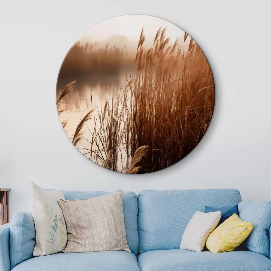 Obraz Vysoké rákosí rostoucí ve vodní ploše, voda odráží rákosí, mlhavé pozadí, měkké světlo, přírodní scéna Č. r46695