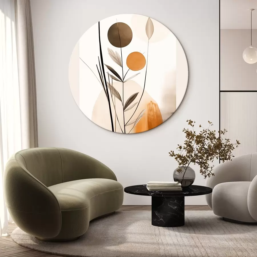 Obraz Abstraktní malba s oranžovými a šedými kruhy, listy a větvemi, moderní styl, akvarelový efekt Č. r46698