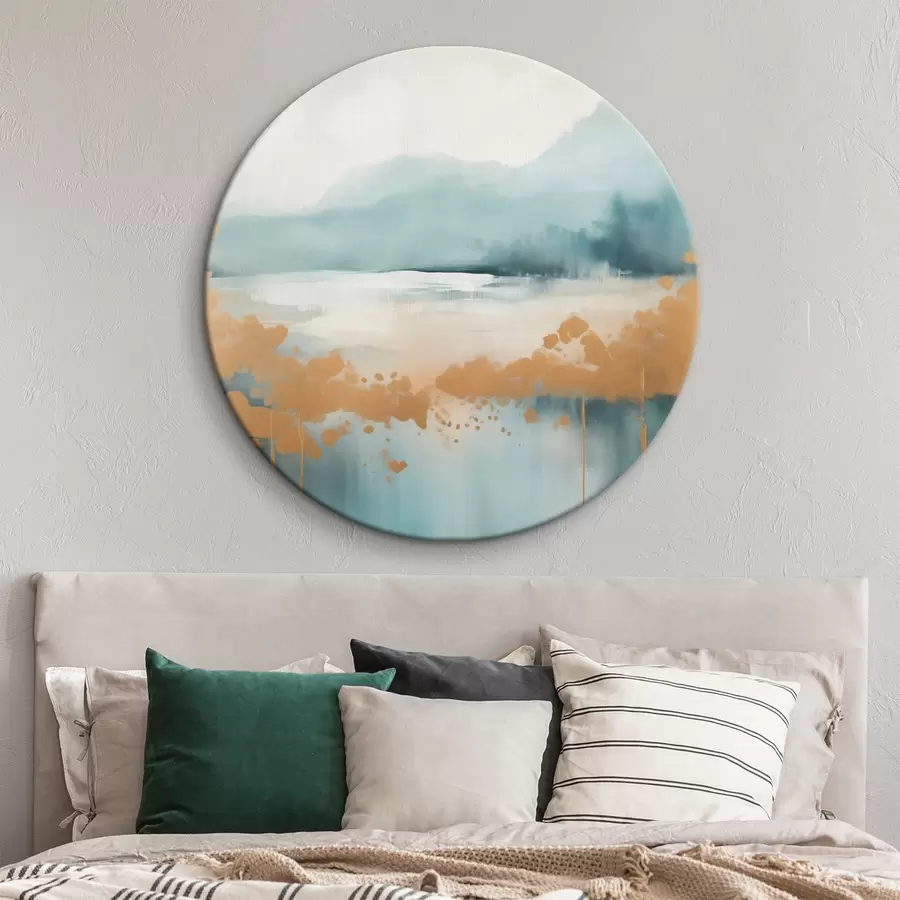 Obraz Abstraktní krajina s horami a jezerem v modrozelené a žluté barvě s texturou, jemné tahy štětcem, minimalistické umělecké dílo Č. r46703