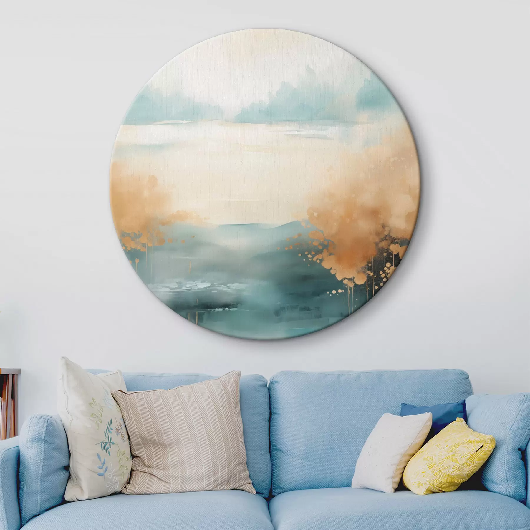 Obraz Abstraktní krajina s horami a jezerem v modrozelené a žluté barvě s texturou, jemné tahy štětcem, minimalistické umělecké dílo Č. r46704