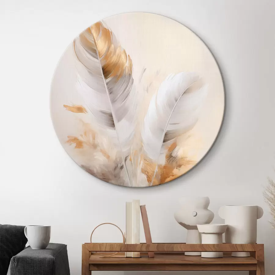 Obraz Abstraktní peří, obklopené béžovými a hnědými chmýřími, měkké a jemné, na světle béžovém pozadí Č. r46711