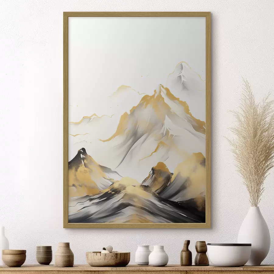 Fototapet Texturované žluté a černé hory se zasněženými vrcholy, styl malby tuší, minimalistické pohoří f46683