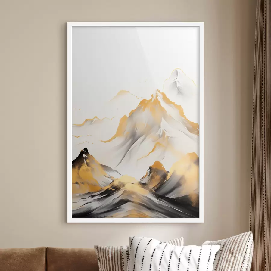 Fototapet Texturované žluté a černé hory se zasněženými vrcholy, styl malby tuší, minimalistické pohoří f46683