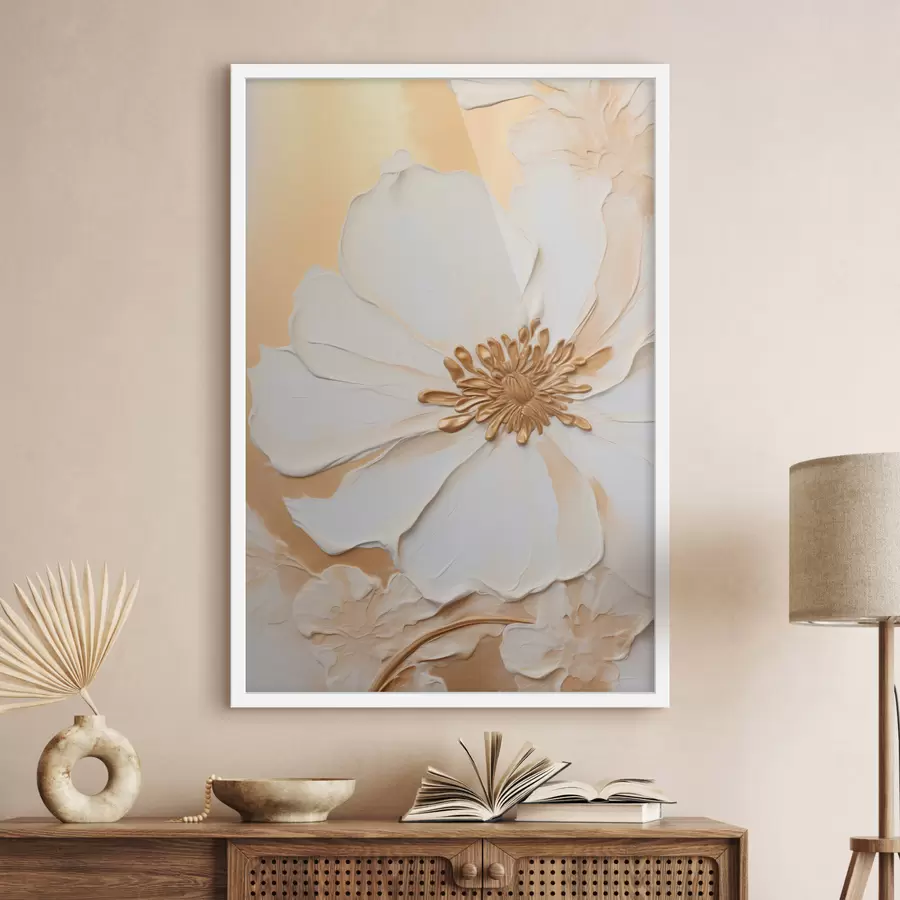 Fototapet Bílý květ s jemnými okvětními lístky s imitací hustých tahů štětcem, na světle oranžovém texturovaném pozadí f46691