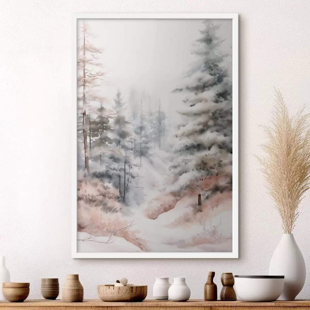 Poster Vysoké borovice pokryté sněhem, stojící v zamlženém lese, jemná, tlumená zimní scéna f46702