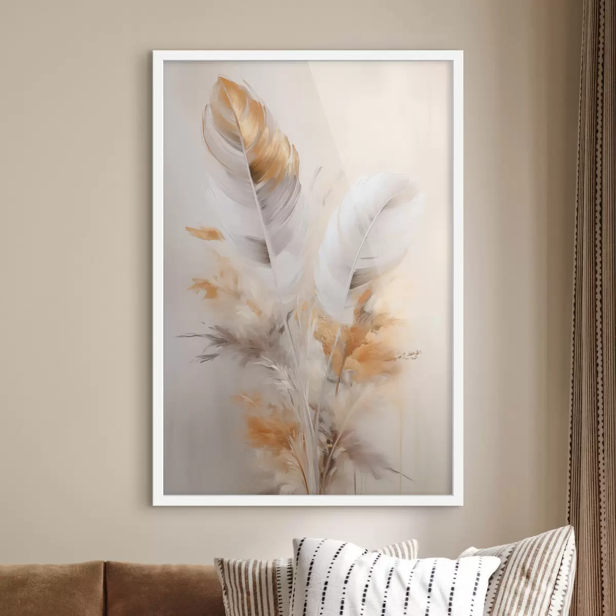 Poster Abstraktní peří, obklopené béžovými a hnědými chmýřími, měkké a jemné, na světle béžovém pozadí f46711