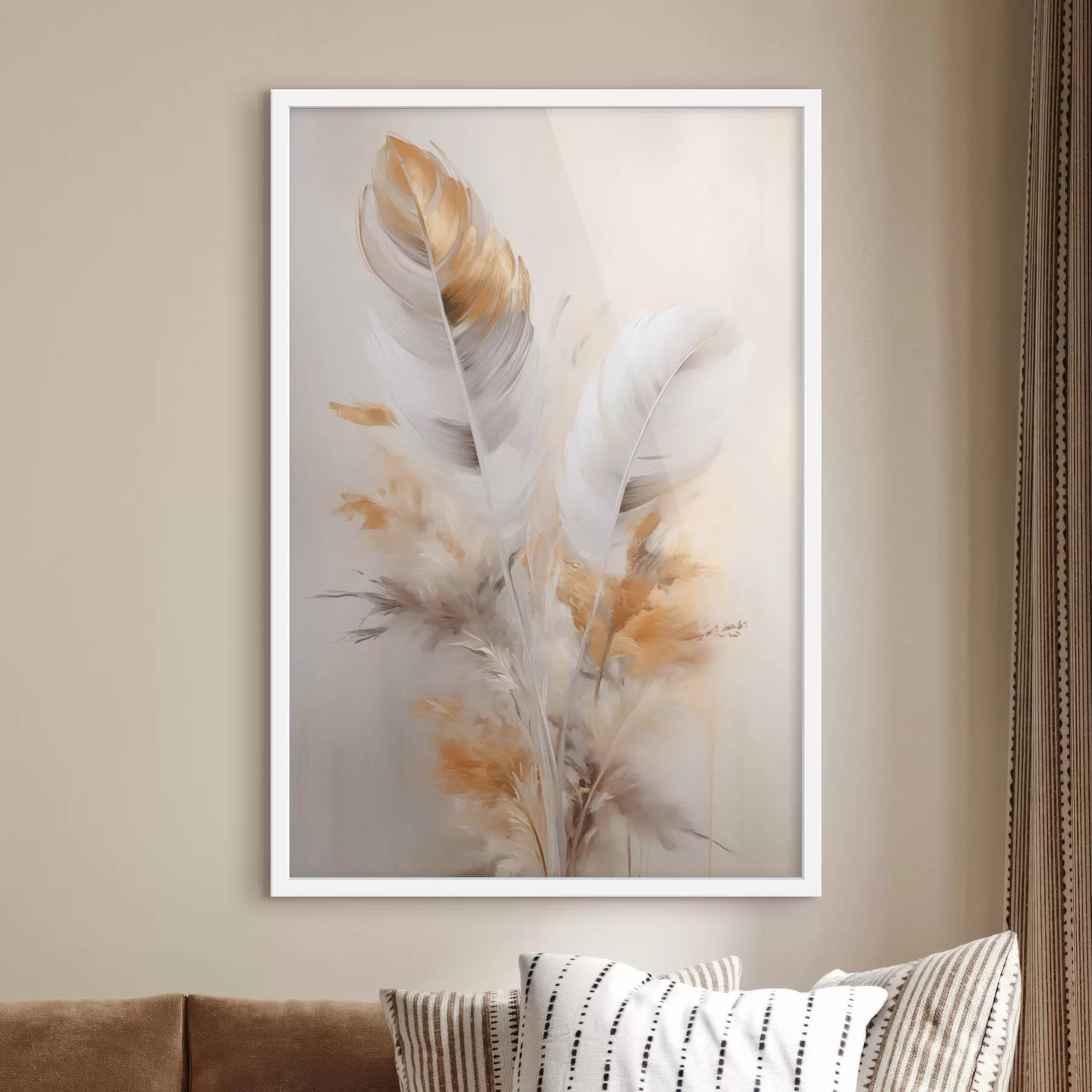 Fototapet Abstraktní peří, obklopené béžovými a hnědými chmýřími, měkké a jemné, na světle béžovém pozadí f46711