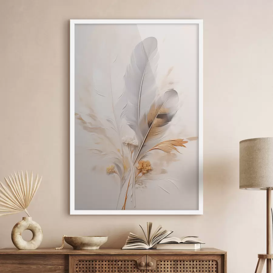 Fototapet Abstraktní peří, obklopené béžovými a hnědými chmýřími, měkké a jemné, na světle béžovém pozadí f46712