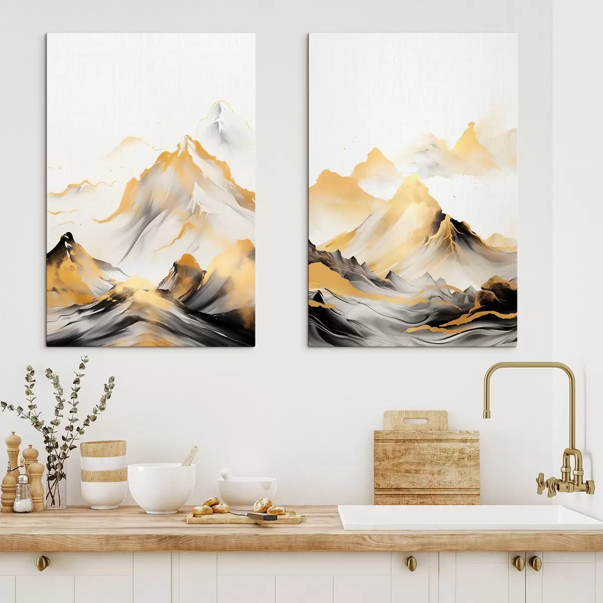 Obraz Texturované žluté a černé hory se zasněženými vrcholy, styl malby tuší, minimalistické pohoří Č. m01002