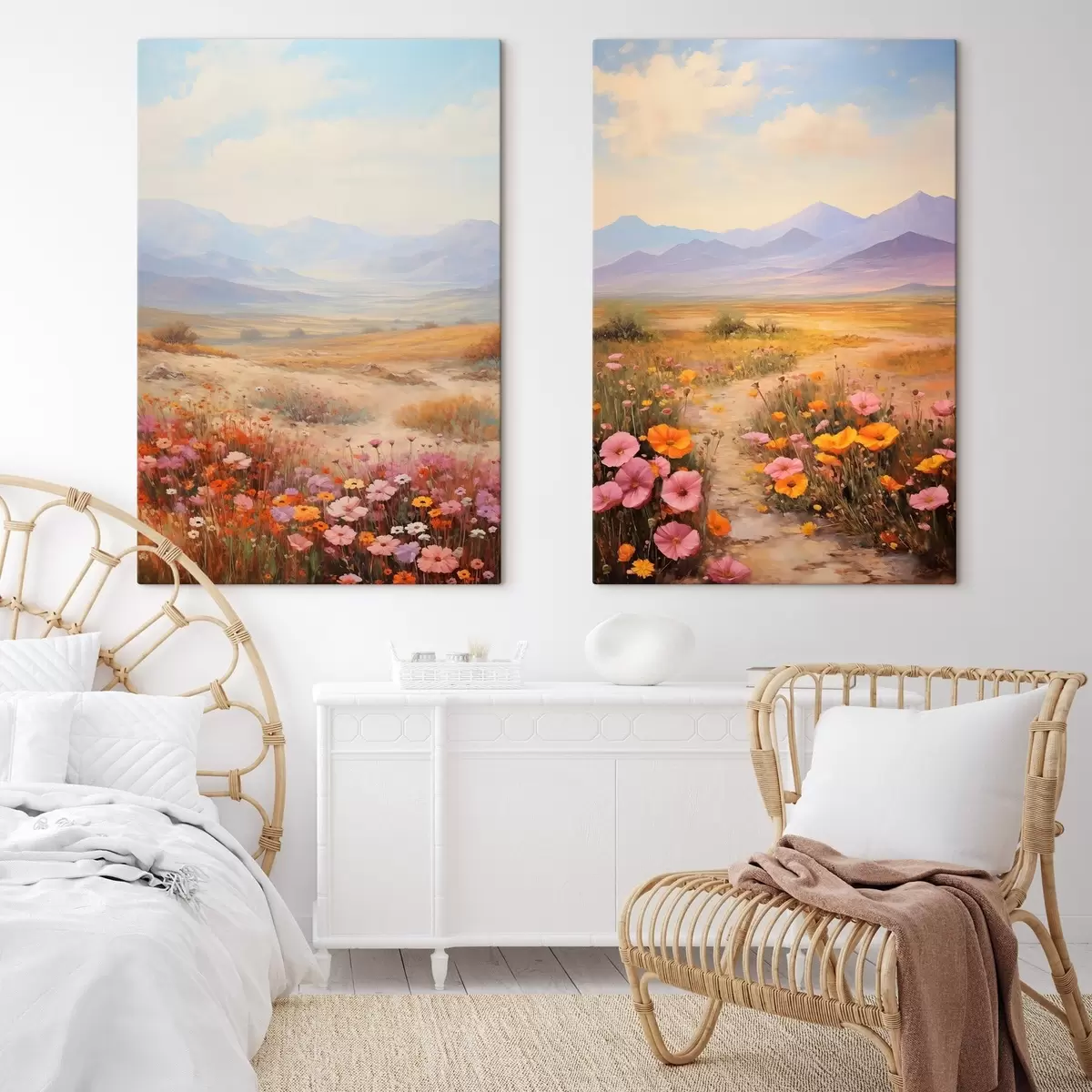 Obraz Krajina, pole barevných květin s horami v pozadí, jemné pastelové barvy Č. m01003