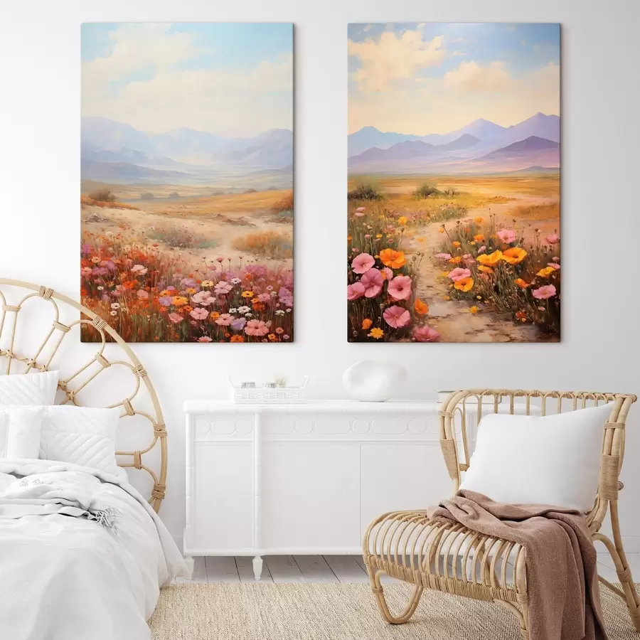 Obraz Krajina, pole barevných květin s horami v pozadí, jemné pastelové barvy Č. m01003