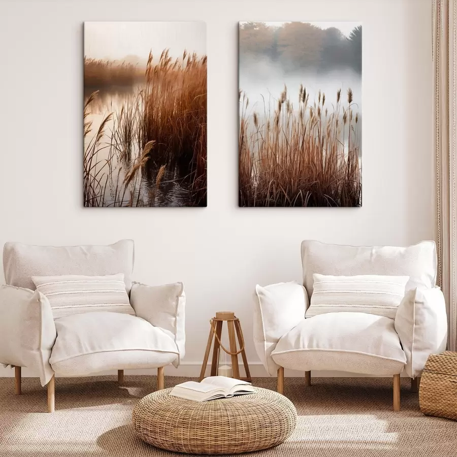 Obraz Vysoké rákosí rostoucí ve vodní ploše, voda odráží rákosí, mlhavé pozadí, měkké světlo, přírodní scéna Č. m01008