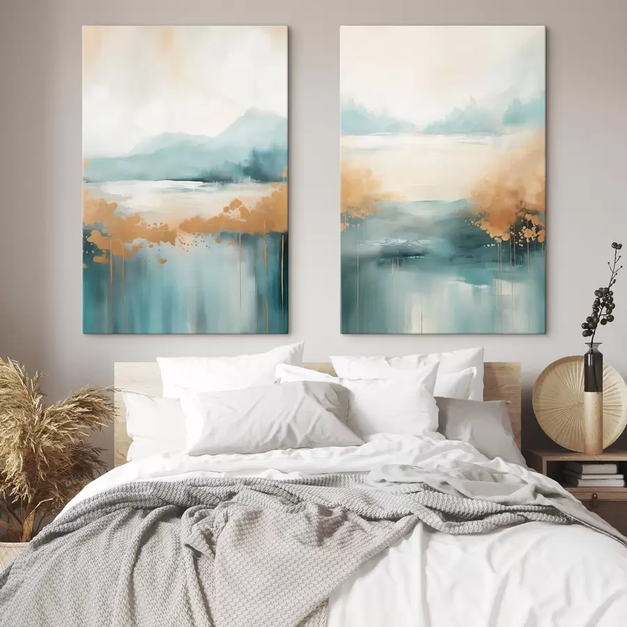 Obraz Abstraktní krajina s horami a jezerem v modrozelené a žluté barvě s texturou, jemné tahy štětcem, minimalistické umělecké dílo Č. m01012