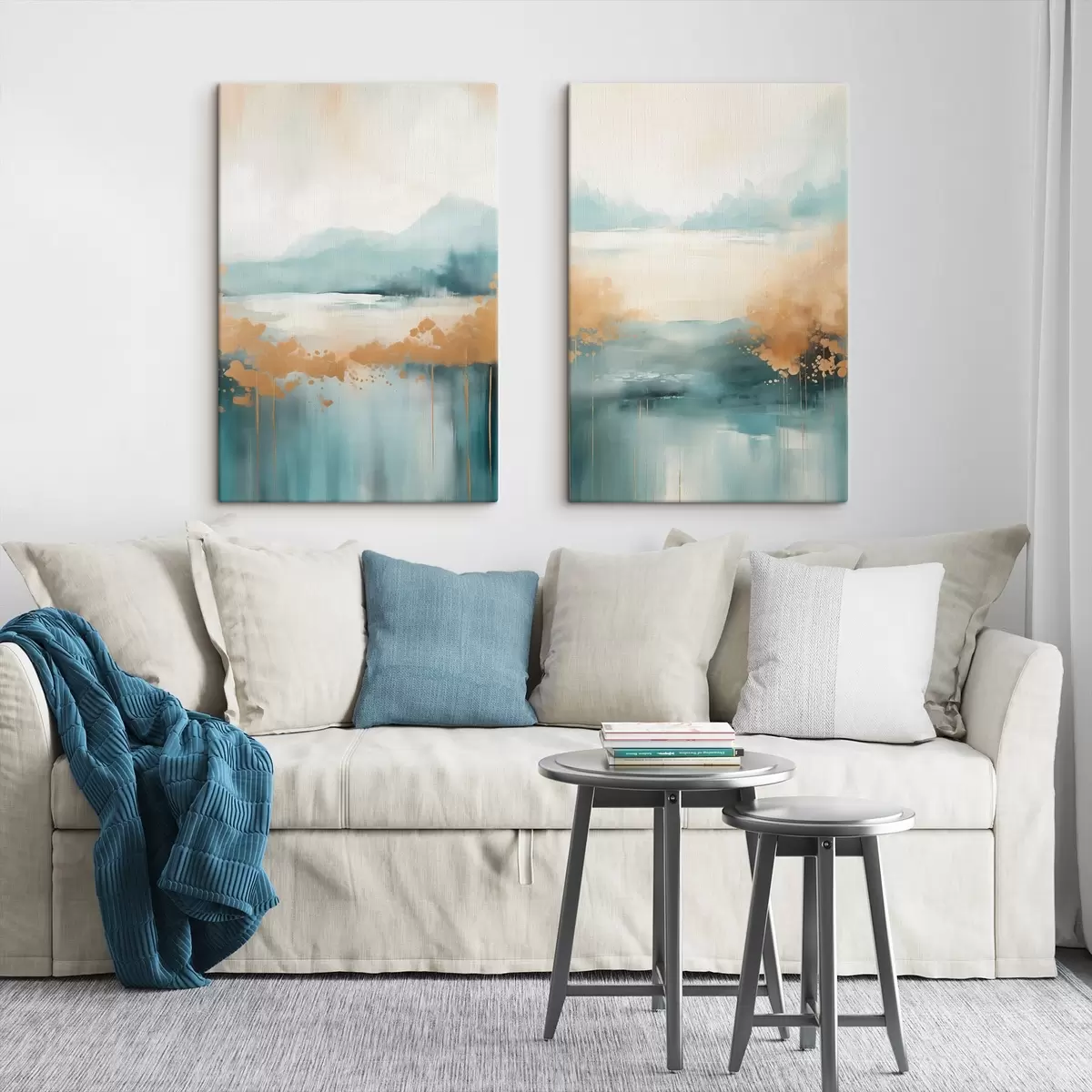 Obraz Abstraktní krajina s horami a jezerem v modrozelené a žluté barvě s texturou, jemné tahy štětcem, minimalistické umělecké dílo Č. m01012