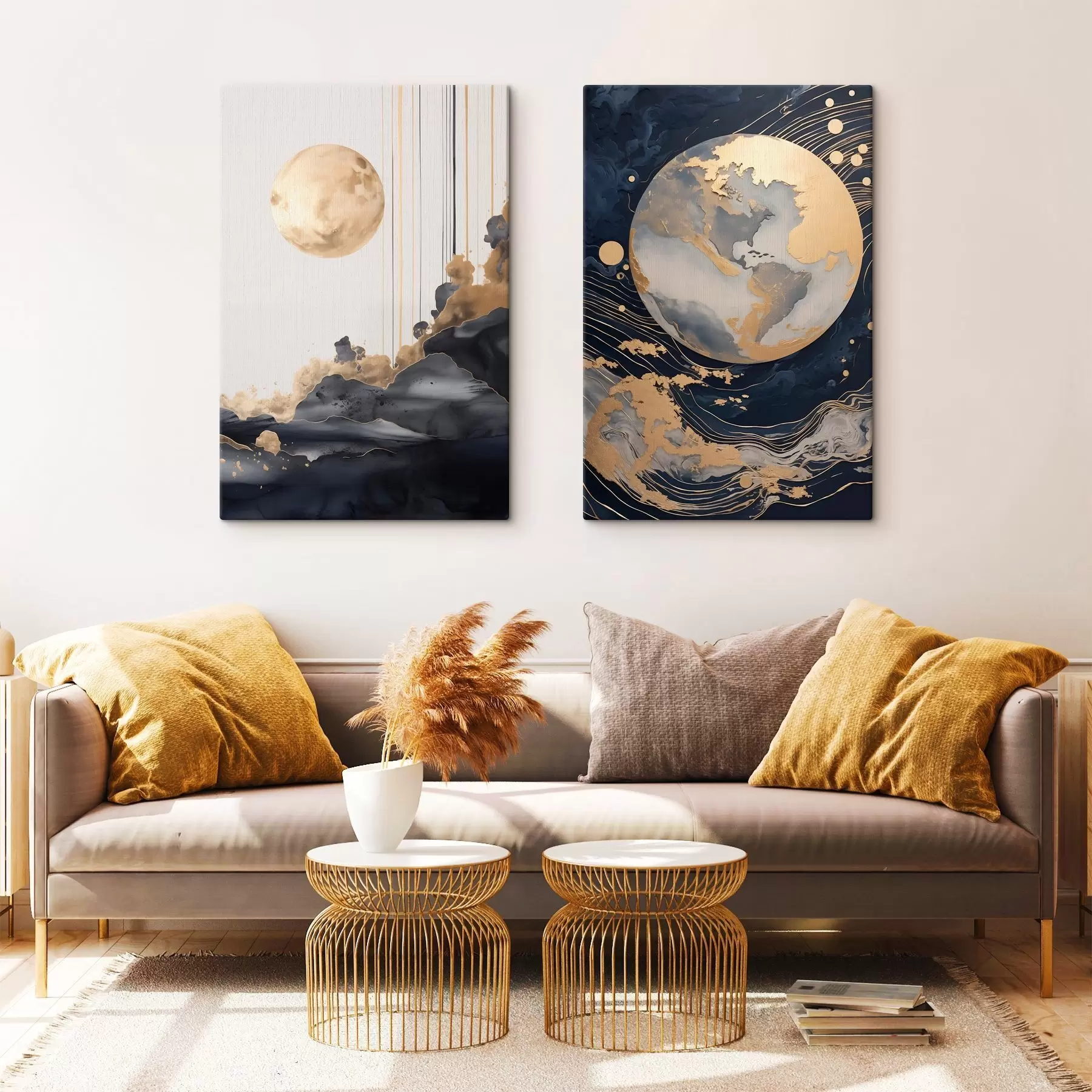 Obraz Texturovaná dekorativní planeta ve vesmíru se žlutými čarami a tečkami, abstraktní styl, minimalistický a moderní Č. m01014