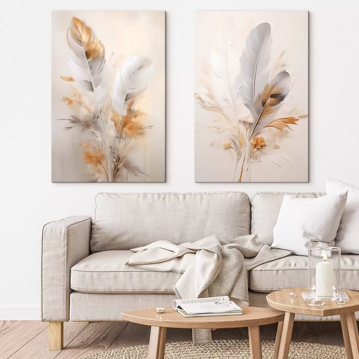 Obraz Abstraktní peří, obklopené béžovými a hnědými chmýřími, měkké a jemné, na světle béžovém pozadí Č. m01016