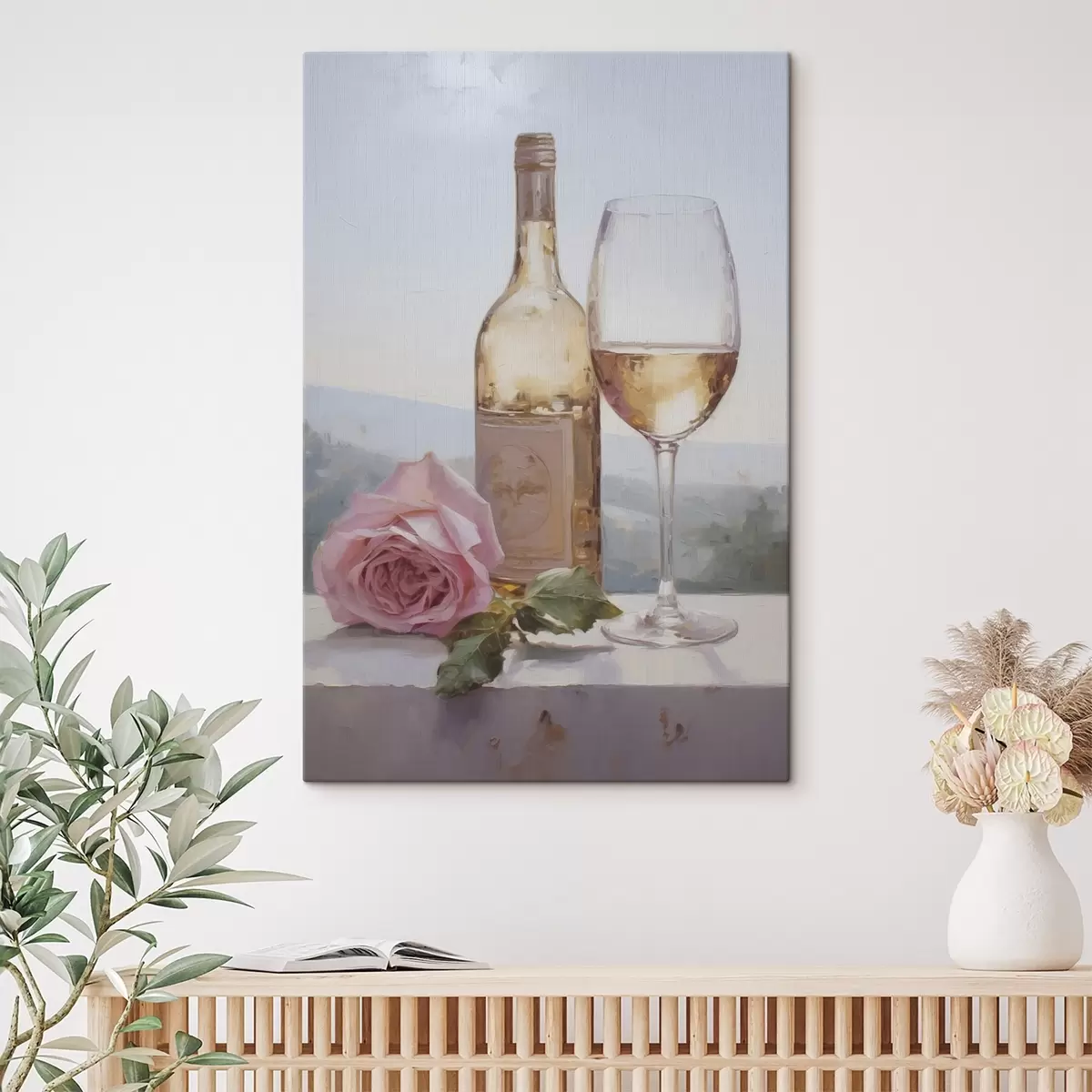 Obraz Láhev a sklenice vína a malý pes s brýlemi, imitace malby Č. s46721