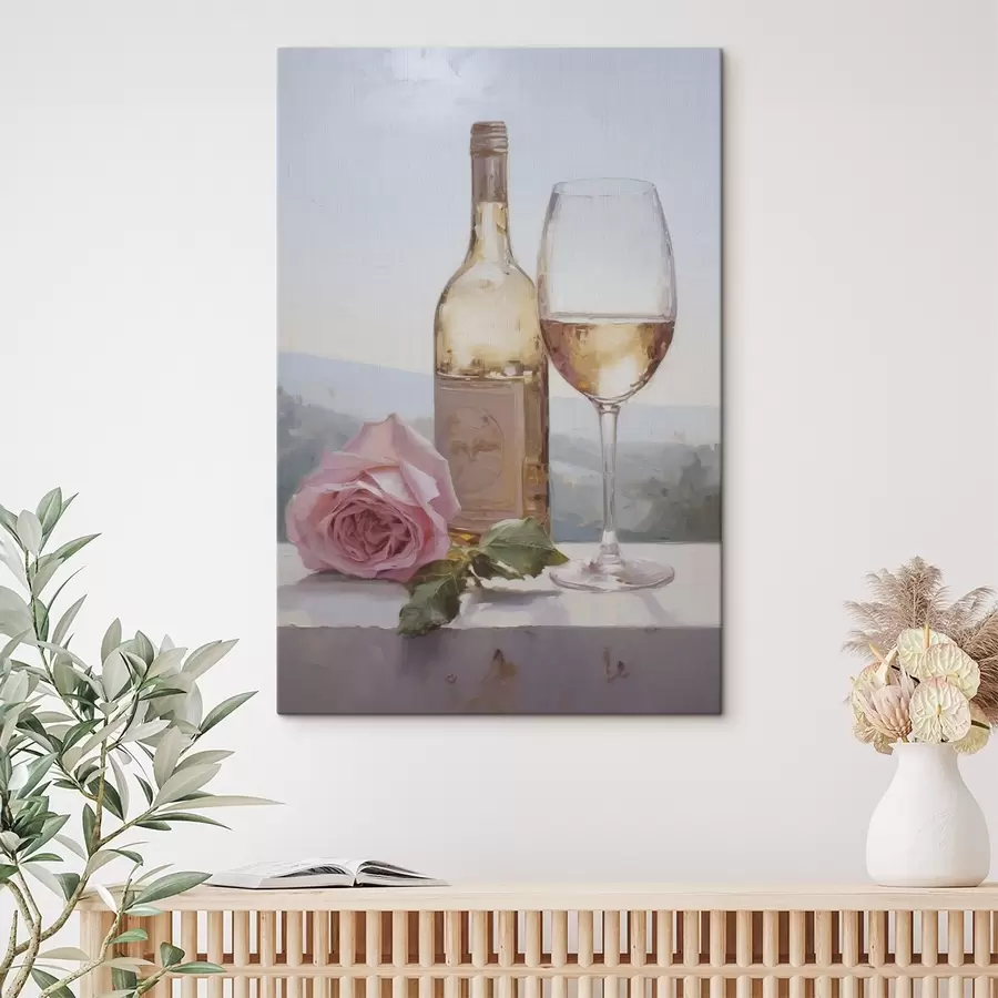Obraz Láhev a sklenice vína a malý pes s brýlemi, imitace malby Č. s46721