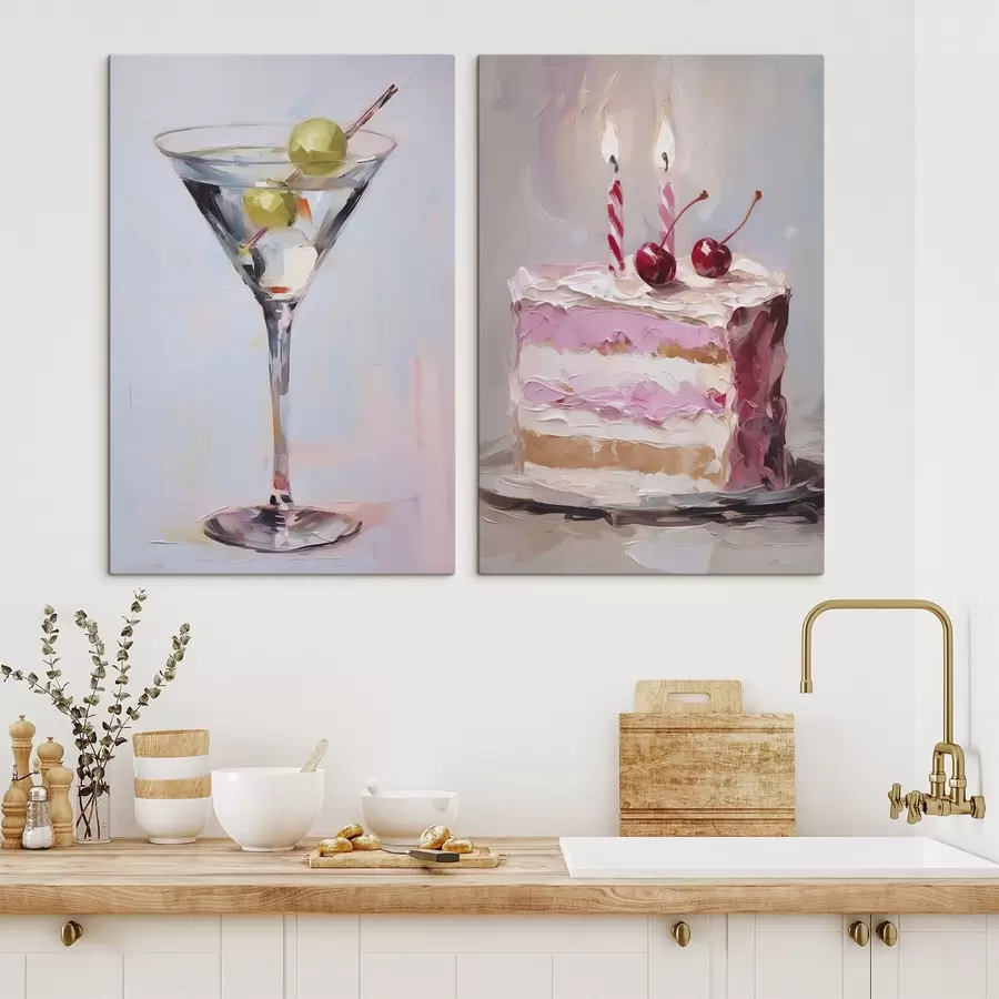 Obraz Sklenice s nápojem a kouskem dortu, imitace malby Č. m01019