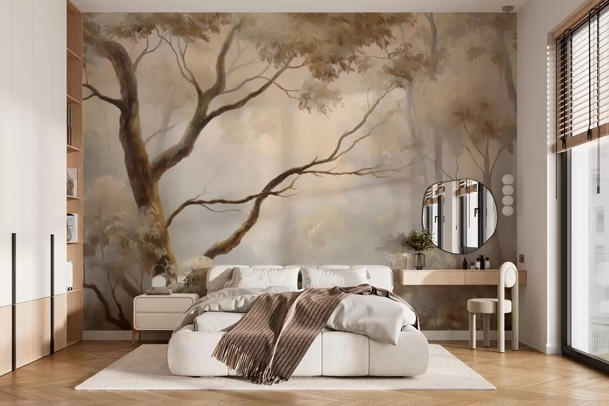 Fototapet Les v lehké ranní mlze. Jemný atmosférický obraz ve stylu umělecké krajiny. w04817