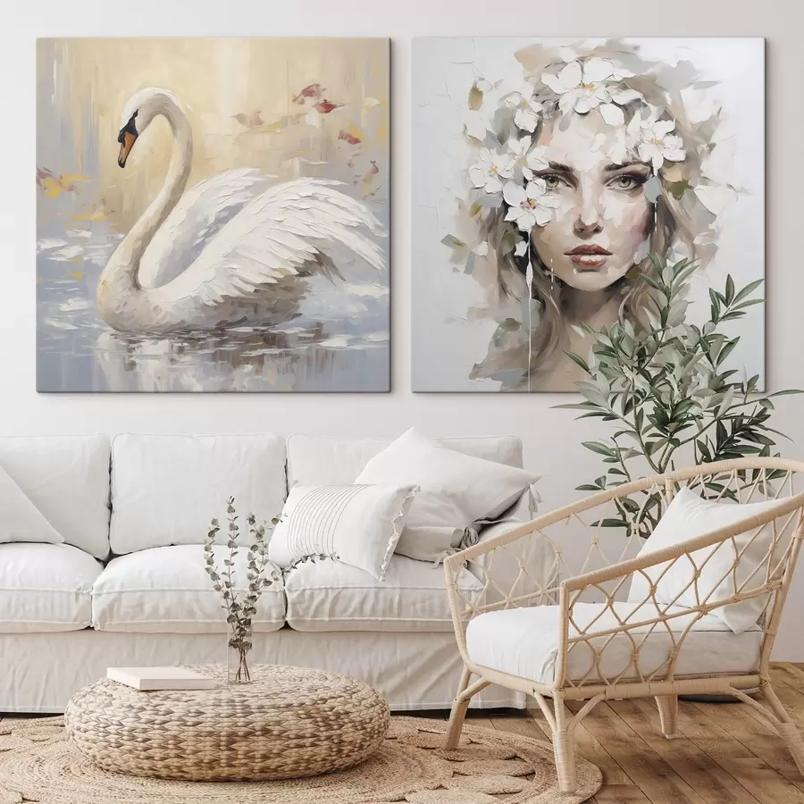 Obraz Labuť a portrét dívky, imitace malby Č. m01030