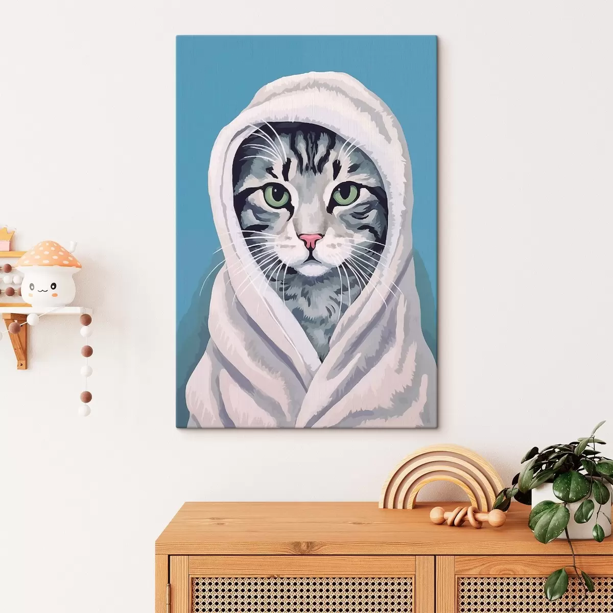 Obraz Pruhovaná kočka v bílém ručníku Č. s46740