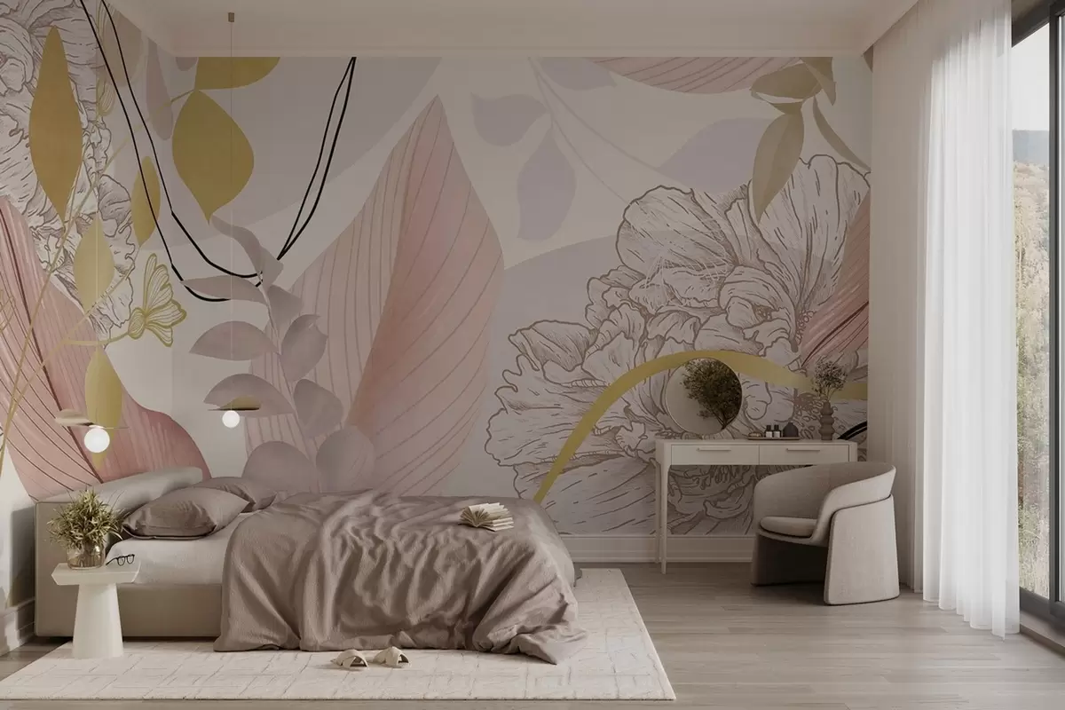 Fototapet Abstraktní květinový potisk s velkými listy v odstínech tlumené růžové, žluté s tenkými černými linkami a bílými květinovými obrysy. w09544v1