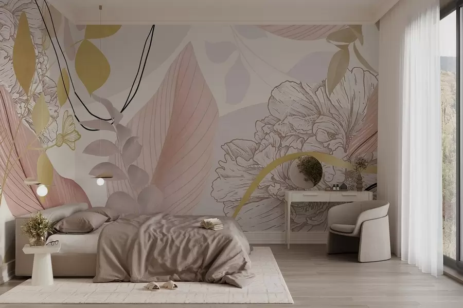 Fototapet Abstraktní květinový potisk s velkými listy v odstínech tlumené růžové, žluté s tenkými černými linkami a bílými květinovými obrysy. w09544v1