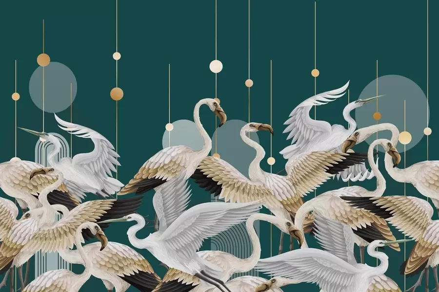 Fototapet Hejno bílých plameňáků s jemnými křídly na tmavě modrozeleném pozadí se žlutými čarami a kruhy w09546