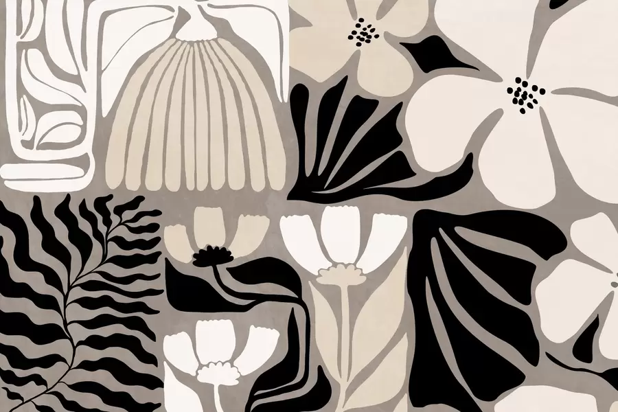 Fototapet Moderní minimalistické stylizované květiny a listy v béžové, černé a bílé barvě, s texturou na šedém pozadí w09547