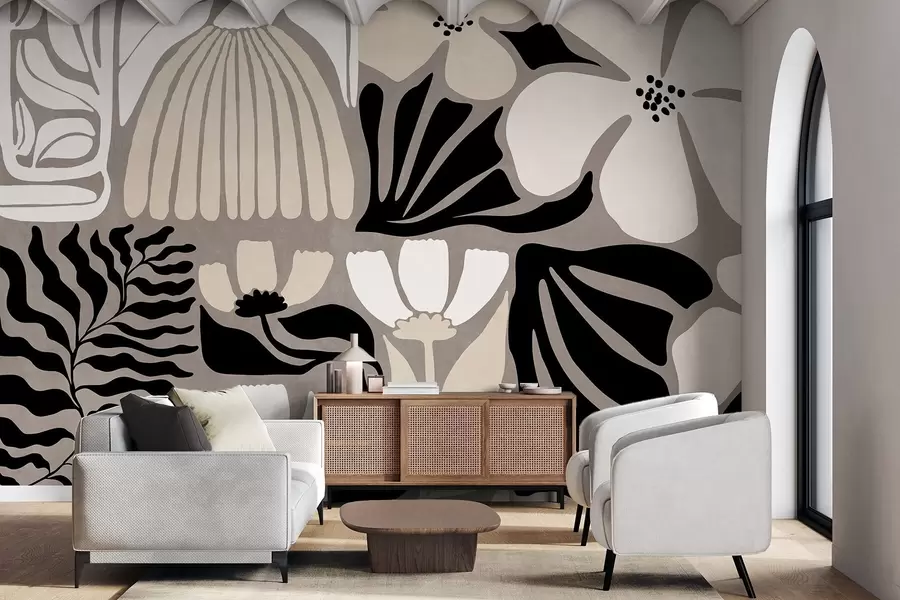 Fototapet Moderní minimalistické stylizované květiny a listy v béžové, černé a bílé barvě, s texturou na šedém pozadí w09547
