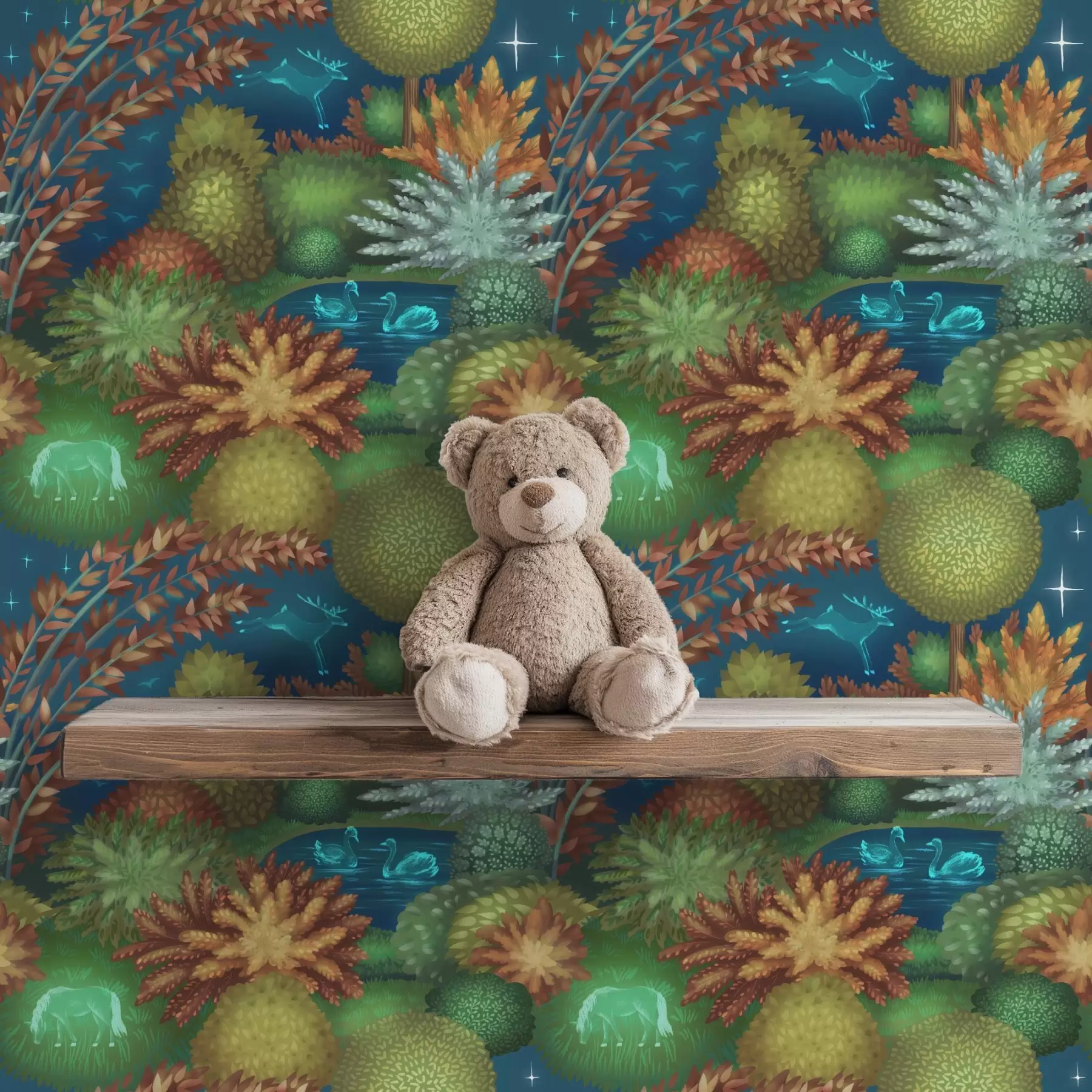 Fototapet Pohádková noční zahrada s jezerem a zářícími zvířaty a00851