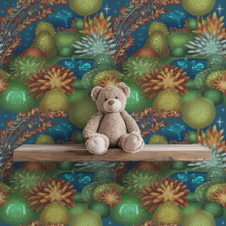 Fototapet Pohádková noční zahrada s jezerem a zářícími zvířaty a00851